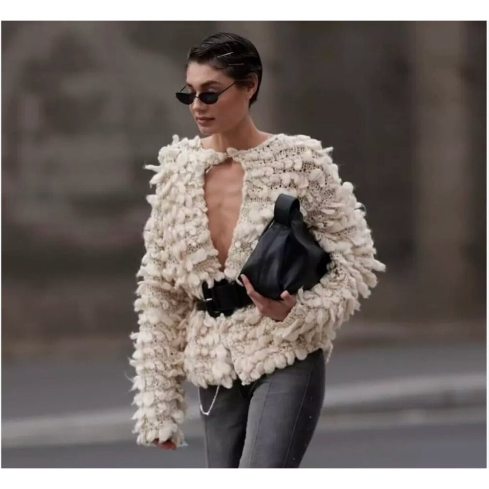 Zara Textured Chunky Knit Cardigan Jacket Beige Cream Size Small 0021/107023/240
